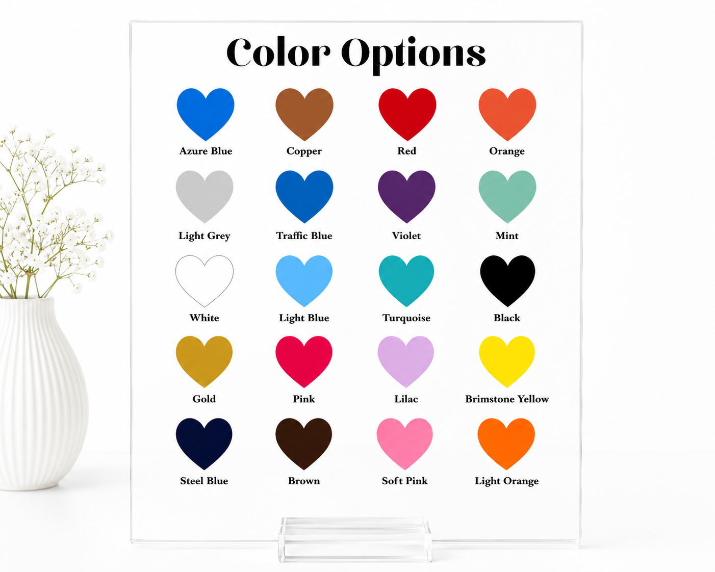 Modern acrylic color options board with labeled heart colored samples displayed on a clean white background, designed as a professional product selection guide for custom color choices.