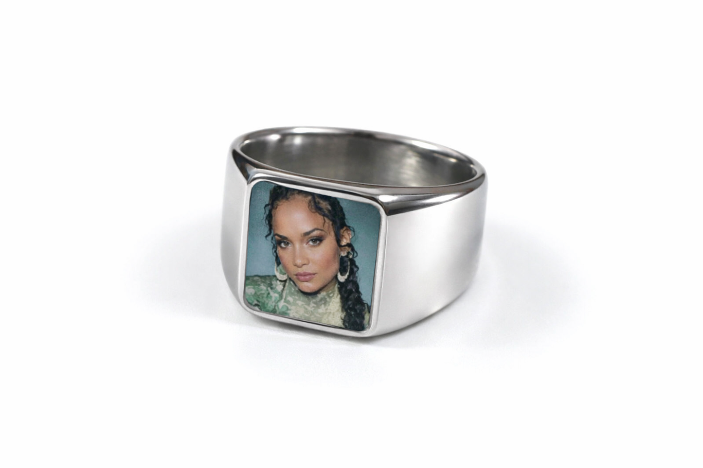 Polished silver ring with a rectangular custom photo setting, used for personalized memorial or portrait keepsake jewelry