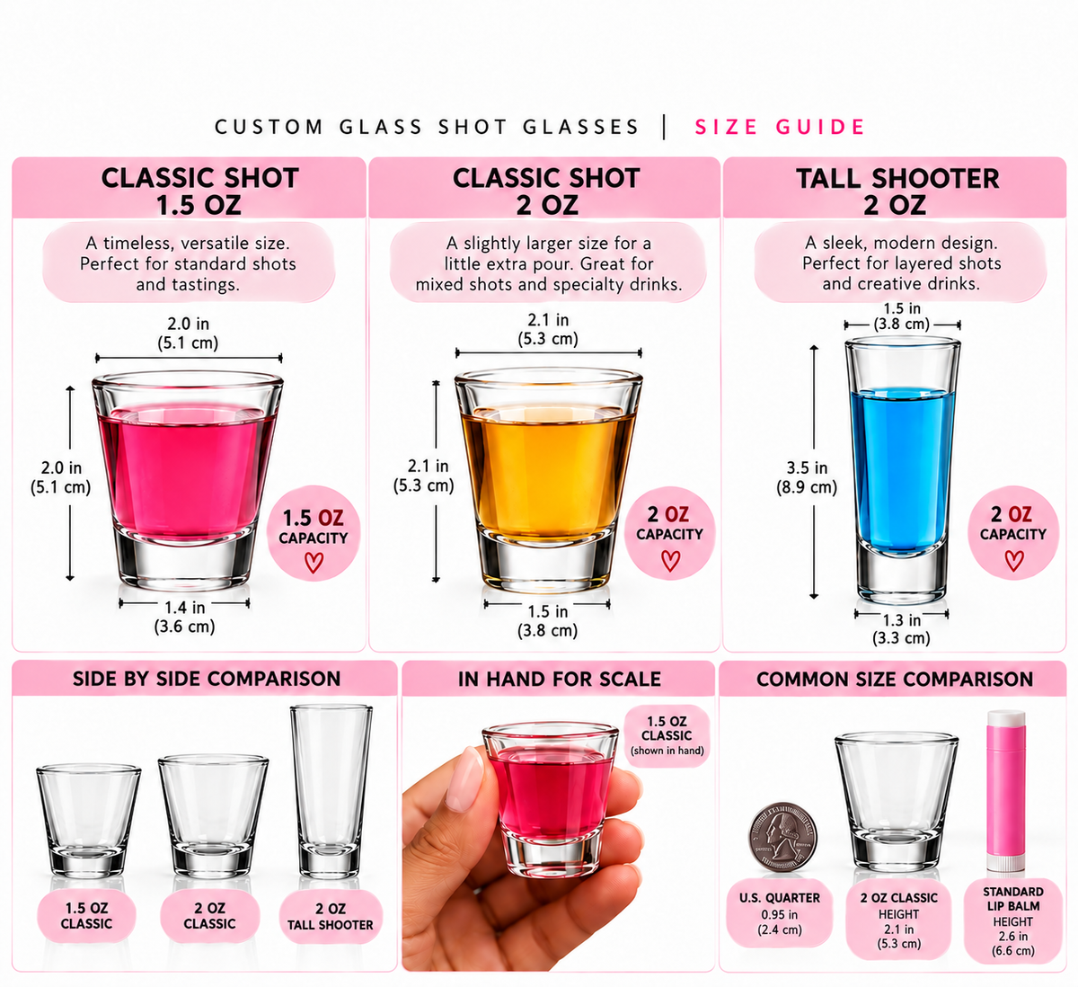 Custom shot glass size guide comparing three clear glass styles: Classic 1.5 oz, Classic 2 oz, and Tall Shooter 2 oz. Includes capacity labels, illustrated measurements, side-by-side comparisons, and hand-held scale references to help customers choose their preferred personalized party favor glass.