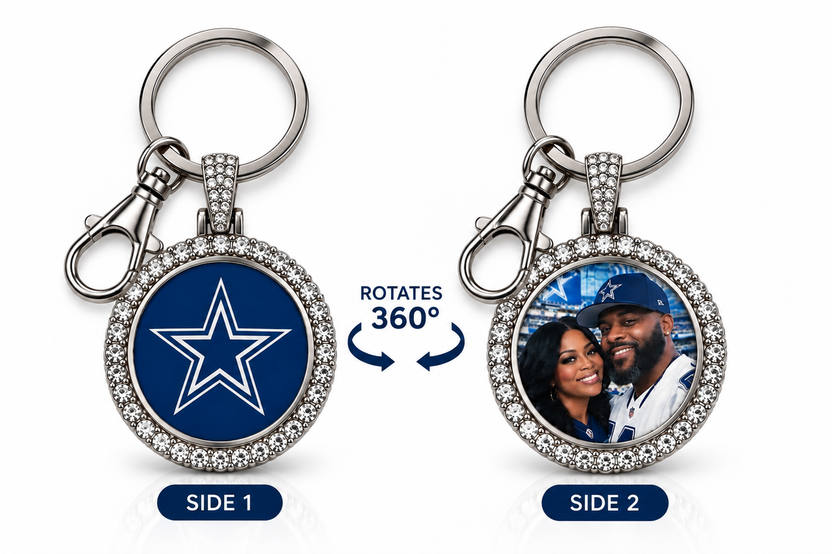 The Gameday Flip rotating personalized football keychain showing NFL team logo on Side 1 and custom personal photo on Side 2.