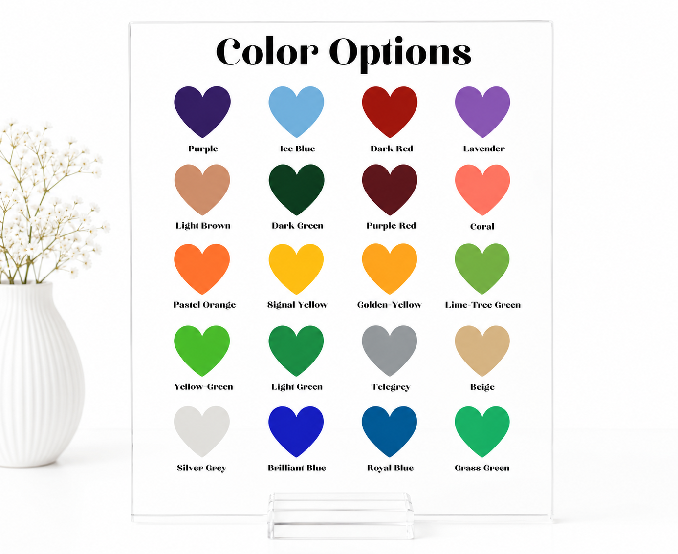 Professional acrylic color options display chart on a white background featuring labeled heart colored samples including, blues, greens, pinks, yellow, black, white, gold, and neutral shades.