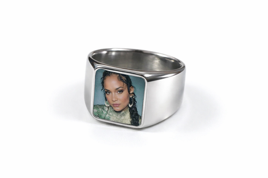 Polished silver ring with a rectangular custom photo setting, used for personalized memorial or portrait keepsake jewelry