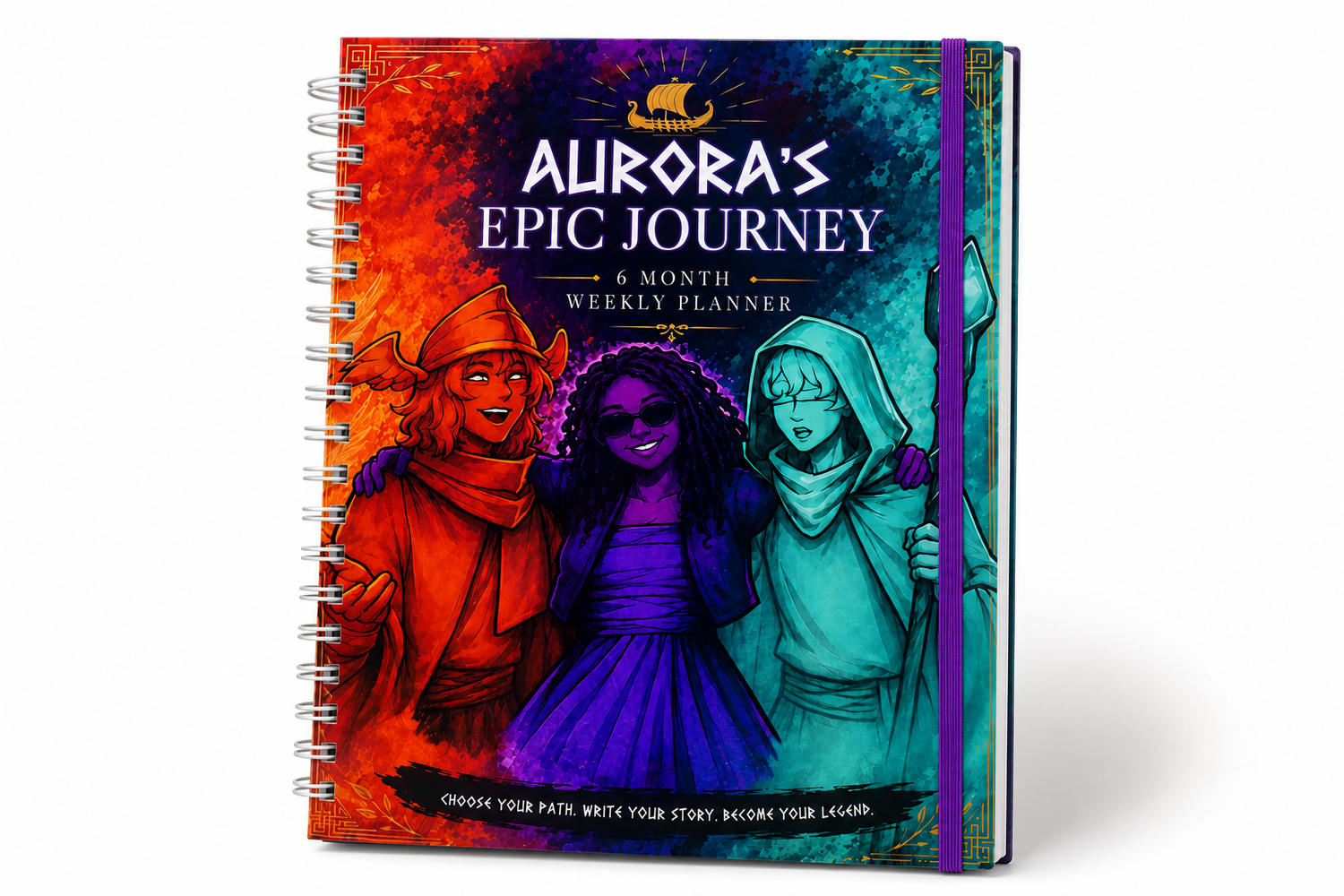 Custom hardcover weekly planner by Simply Living Savvy with personalized fantasy themed cover, laminated hardcover, spiral binding, and elastic closure. Ideal as a custom journal, planner, or keepsake gift.