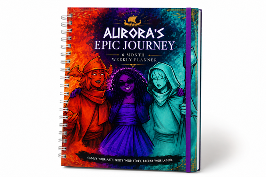 Custom hardcover weekly planner by Simply Living Savvy with personalized fantasy themed cover, laminated hardcover, spiral binding, and elastic closure. Ideal as a custom journal, planner, or keepsake gift.