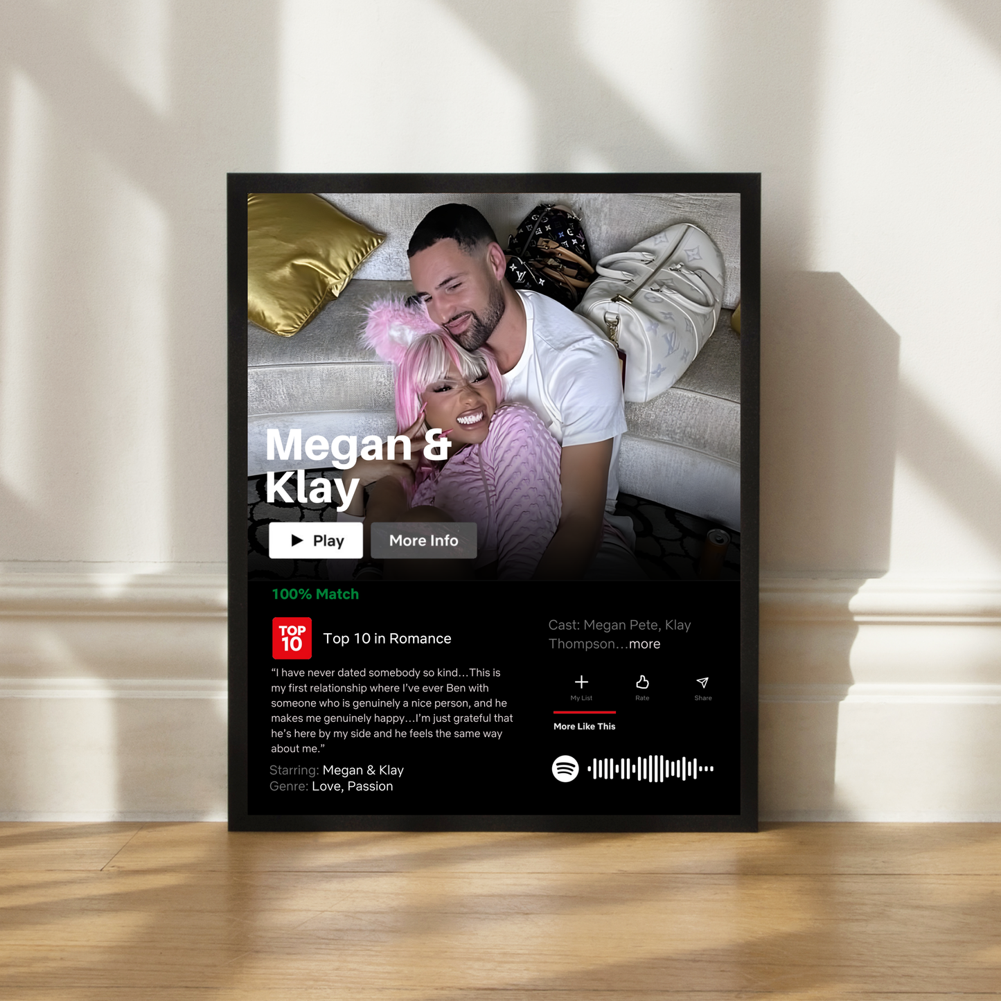 Framed personalized streaming style poster featuring a couple photo and movie interface design, displayed on a wall