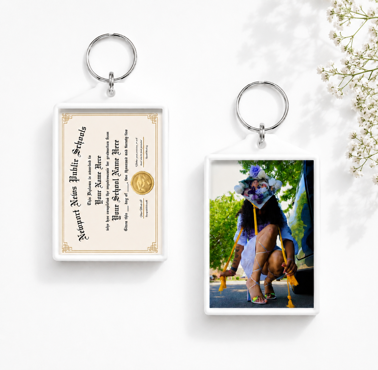 Graduation themed acrylic keychains displayed on white satin background featuring a customizable diploma insert and graduate phot keepsake design. 