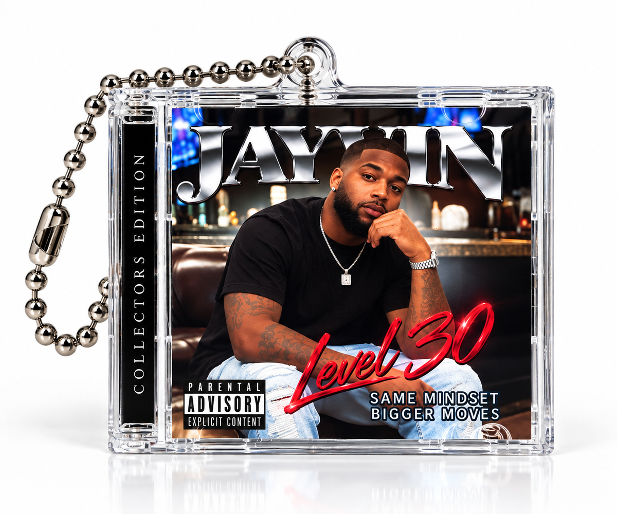 Custom mini CD keychain in a clear case with silver ball chain, featuring personalized “Jayvin Level 30” album artwork, a portrait, red script lettering, and Collector’s Edition details on a white background.