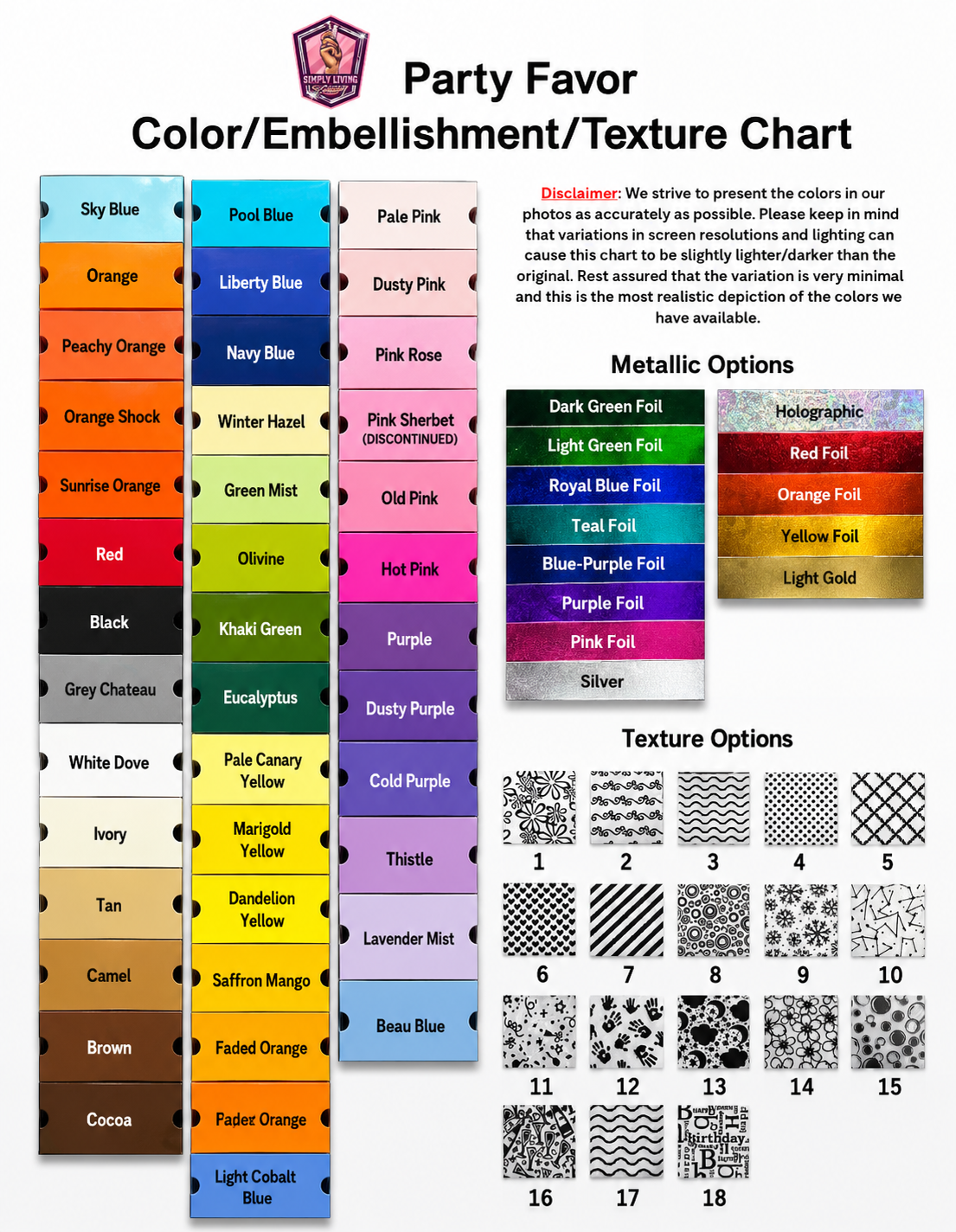 Professional party favor reference chart featuring available cardstock colors, metallic foil finishes, and texture pattern options for custom party favors. The organized guide includes color swatches, embellishment selections, texture samples, and a disclaimer section displayed on a clean satin style background for easy product customization reference.