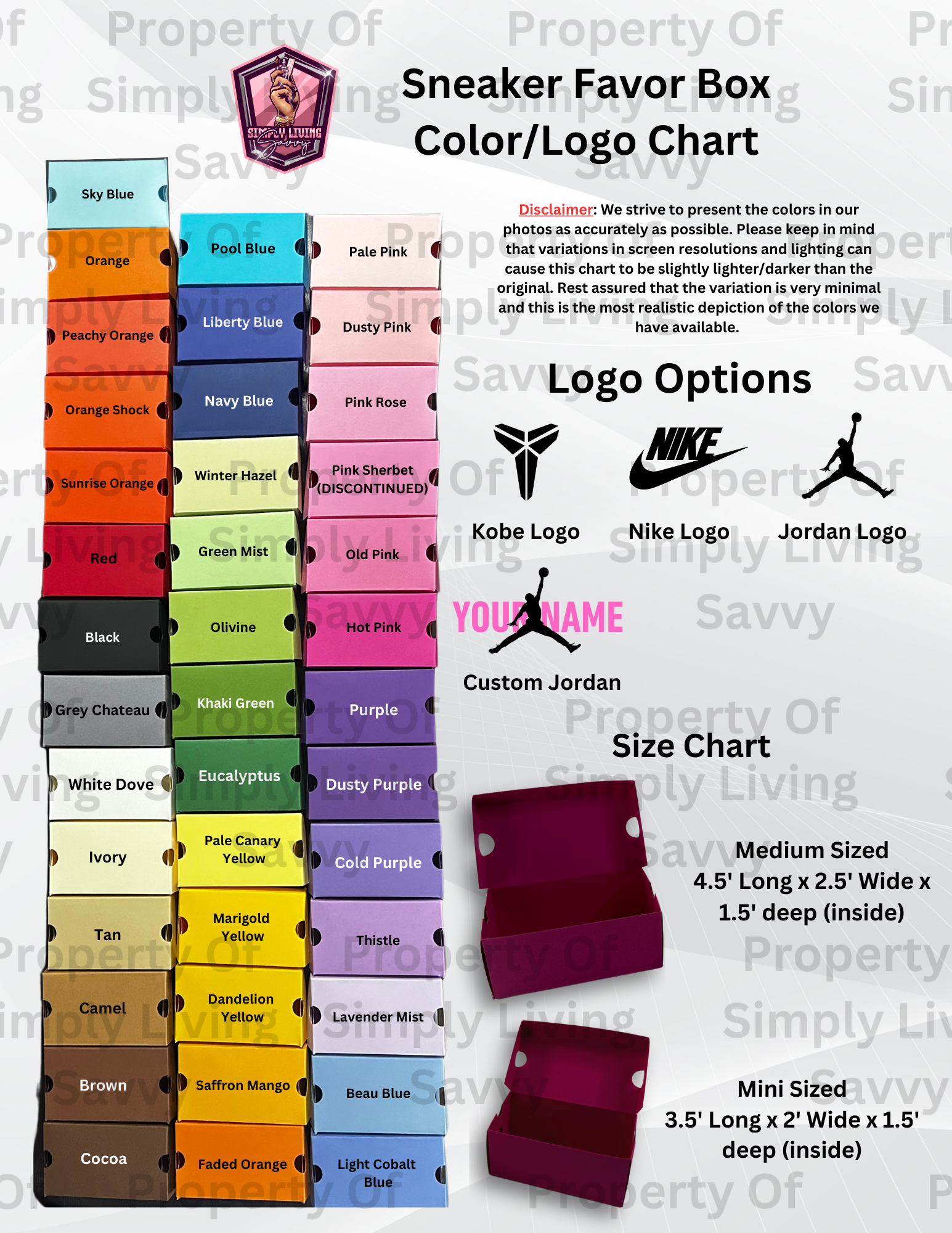 Clean professional Sneaker Favor Box color and logo chart with white background, showing available box colors, custom logo options, disclaimer information, and size chart for mini and medium sneaker favor boxes by Simply Living Savvy. 