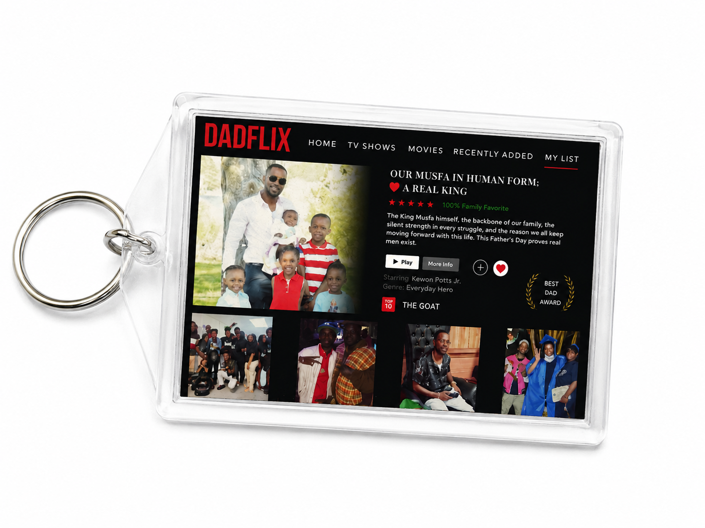 Personalized Dadflix keychain featuring custom family photos, streaming-inspired design elements, and Father’s Day themed details, customized as a keepsake gift for dad.