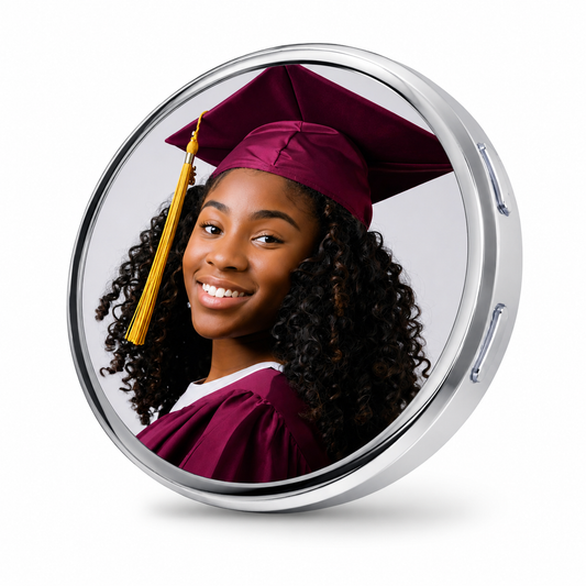 Personalized Digital Brag Tag featuring a custom graduation portrait in a circular keepsake design, customized to celebrate a graduate’s achievement.