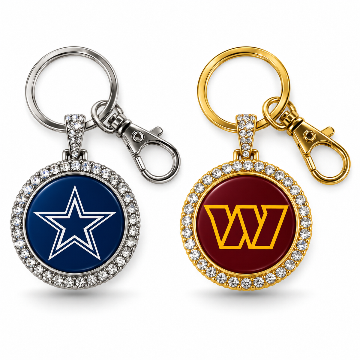 The Gameday Flip personalized football keychains with rhinestone trim featuring Dallas Cowboys and Washington Commanders team designs.