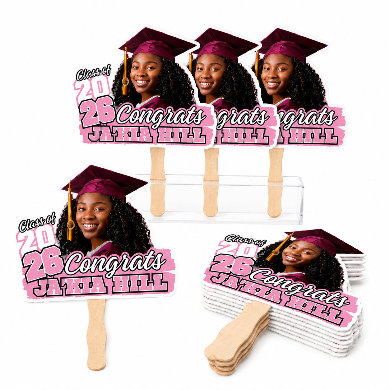 Custom graduation party favor fans featuring graduate photo, personalized name, class year design, and wooden handles for graduation parties, senior celebrations, and graduation events.