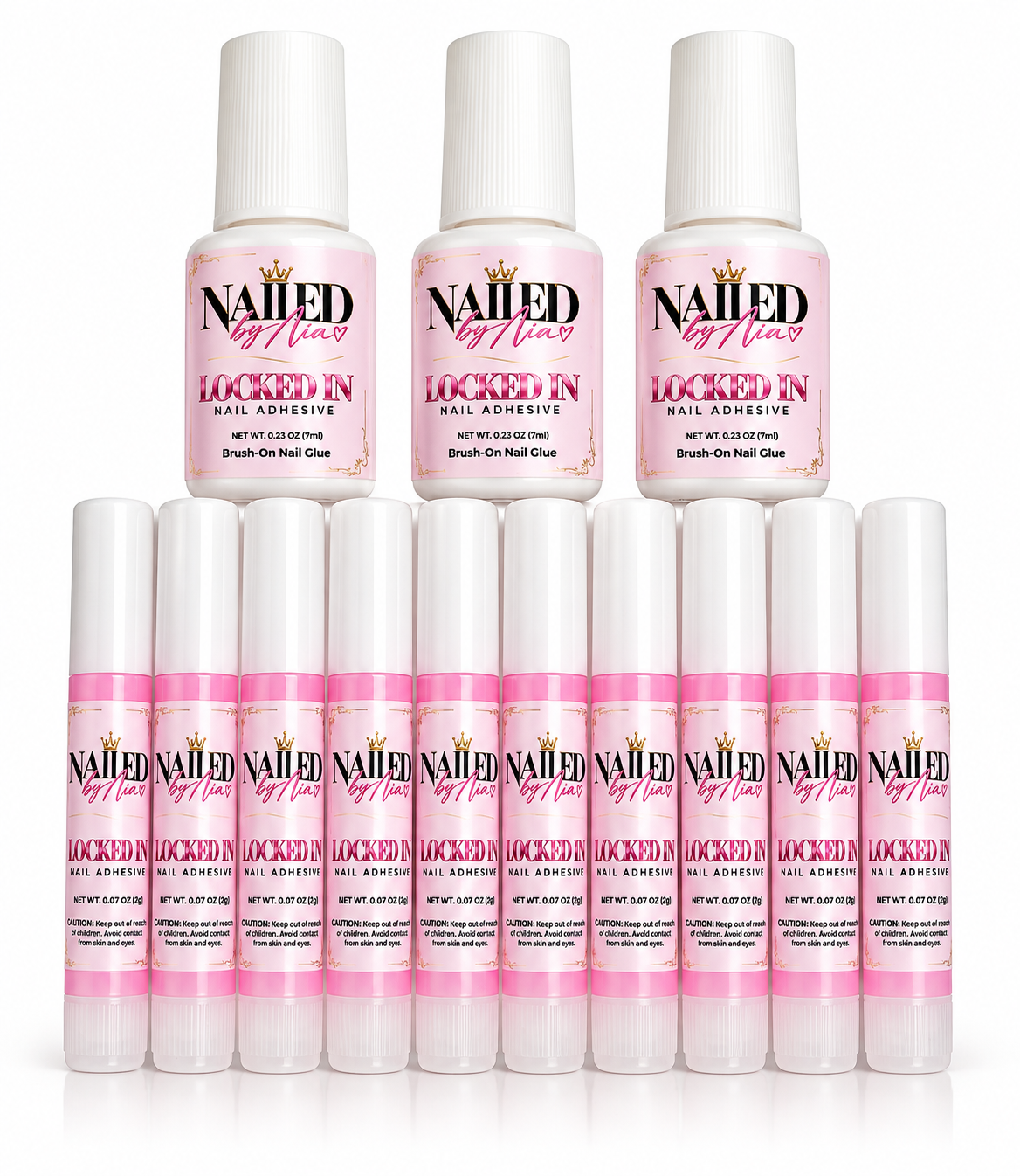 Custom private label nail glue by Simply Living Savvy featuring personalized branded labels on brush-on and stick-style nail adhesive.