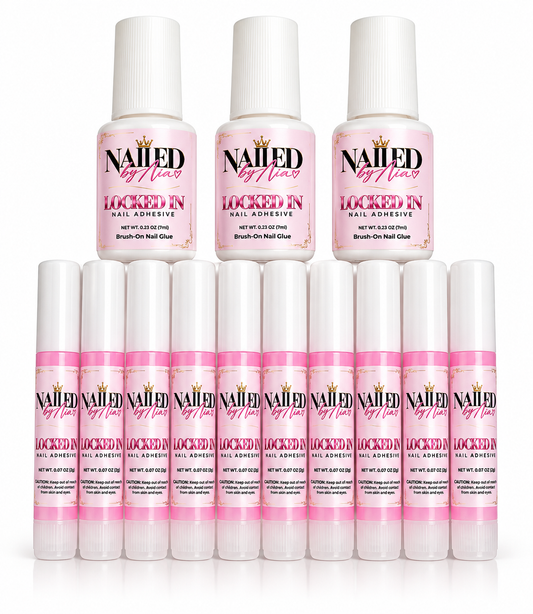Custom private label nail glue by Simply Living Savvy featuring personalized branded labels on brush-on and stick-style nail adhesive.