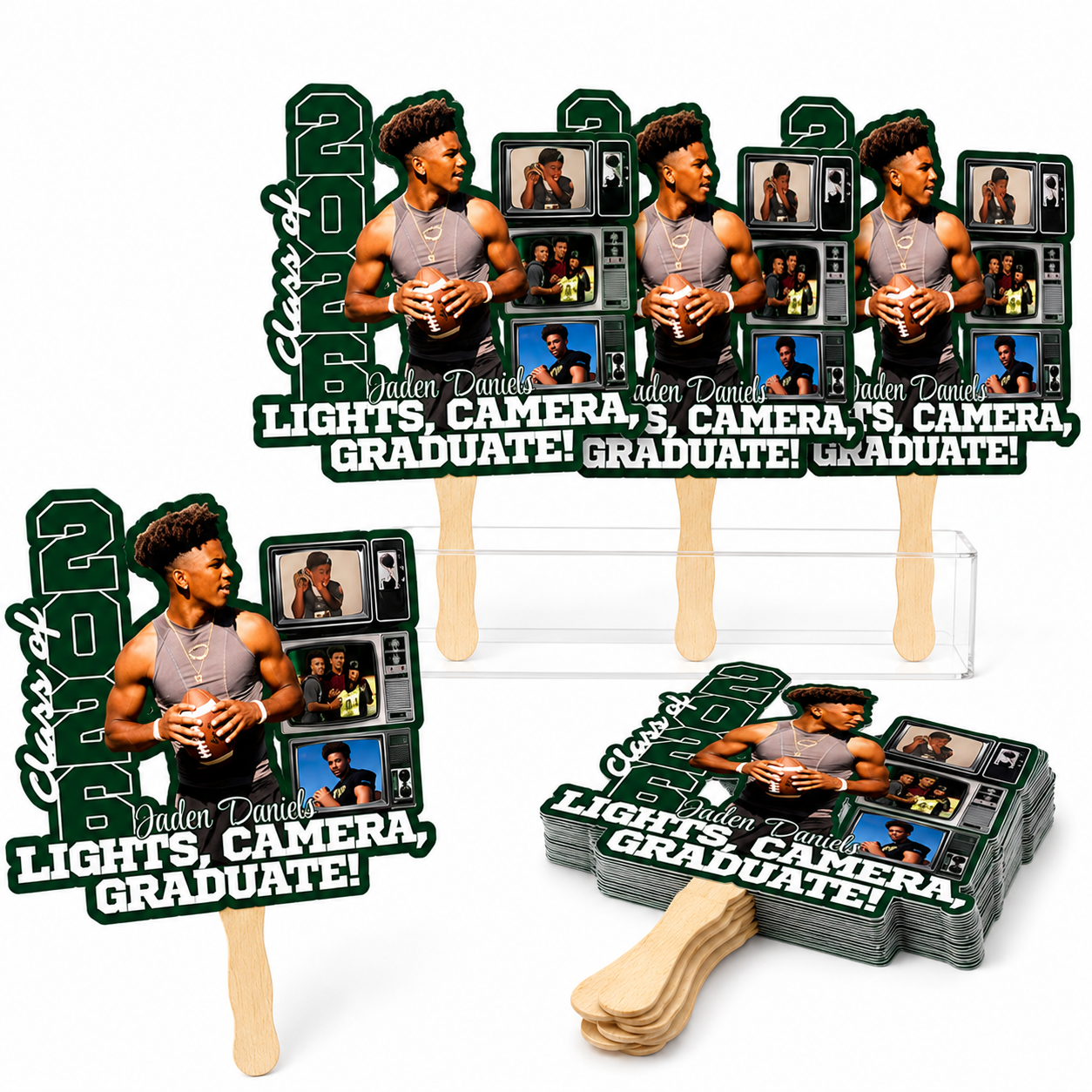 Custom graduation fan featuring graduate photos, personalized name, class year design, and Lights Camera Graduate theme with wooden handle for graduation celebrations and senior events.