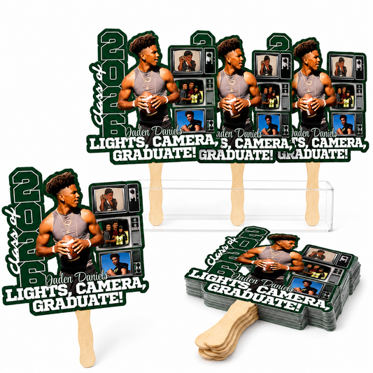 Custom graduation fan featuring graduate photos, personalized name, class year design, and Lights Camera Graduate theme with wooden handle for graduation celebrations and senior events.