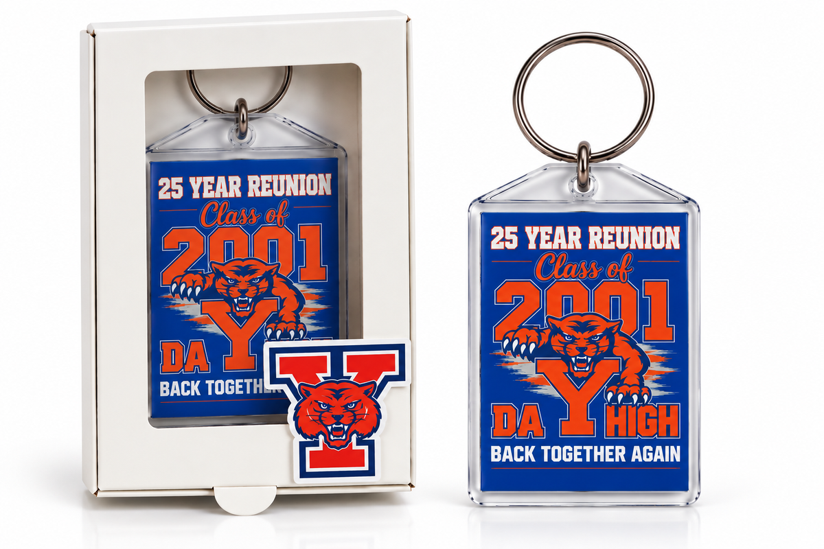 Custom class reunion acrylic keychain featuring blue and orange Class of 2001 artwork, displayed beside a personalized white gift box with school mascot logo.